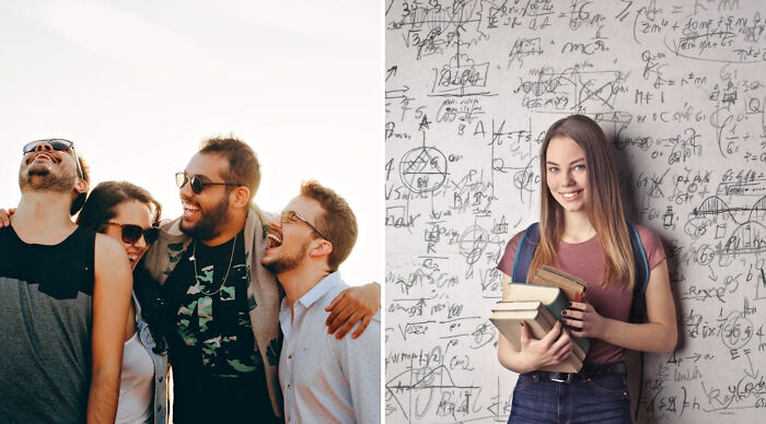 Group of young adults laughing outdoors and a smiling student holding books in front of a math equation wall for Would You Rather Poll 2.