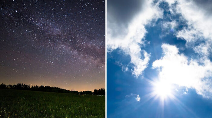 Night sky filled with stars over a field contrasted with a bright sun shining through clouds for would you rather poll.
