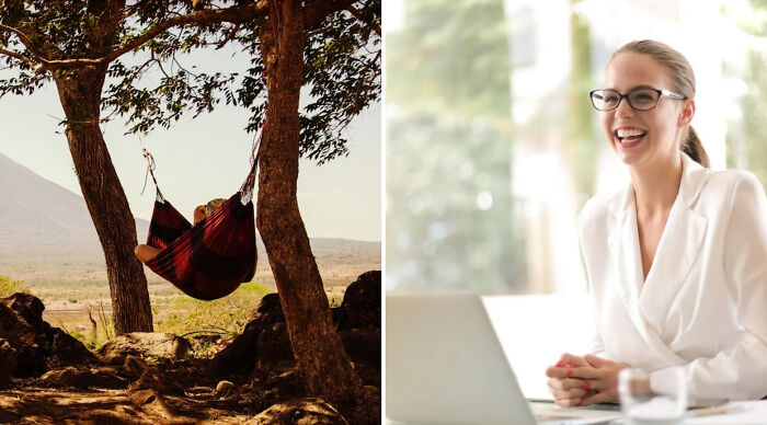 Split image showing a person relaxing in a hammock outdoors and a woman smiling during a video call for would you rather poll 2.