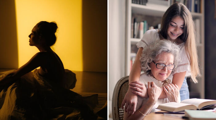 Silhouetted woman sitting with warm backlight and happy young woman hugging elderly woman reading a book, would you rather poll.