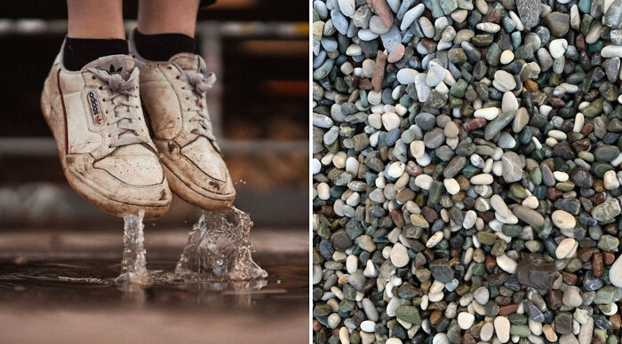 Pair of worn white sneakers splashing water on wet ground next to a close-up of multicolored river pebbles would you rather poll