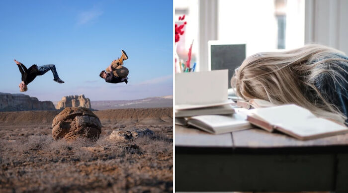 Two people performing backflips outdoors contrasted with a person exhausted and resting on a desk, illustrating a would you rather poll scenario.