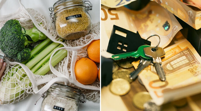 Reusable grocery bag filled with fresh vegetables and jars, next to house keys on euro banknotes for would you rather poll 2.