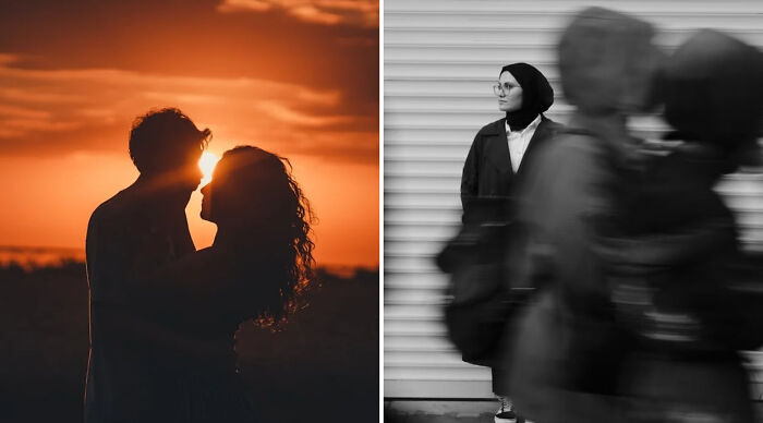 Silhouetted couple at sunset facing each other contrasted with a woman in a hijab standing still as people walk past in motion blur.