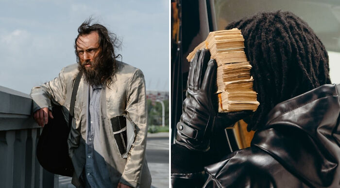 Man with disheveled hair leaning on a railing and another person holding a stack of money to their ear in a would you rather poll.