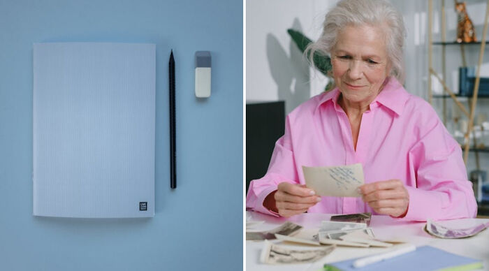 Elderly woman in pink shirt reviewing photos next to notebook and pencil in a would you rather poll setting.
