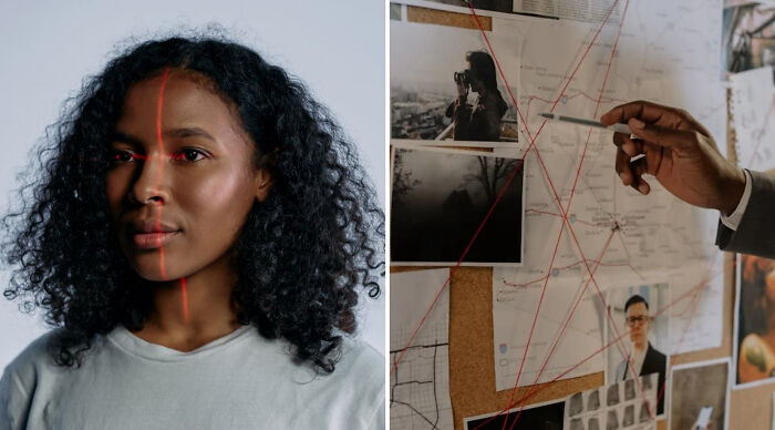 Woman with red line on face on left, hand pointing at connected photos on board in investigative would you rather poll 2 concept.