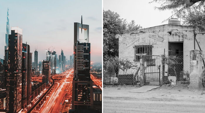 Side-by-side comparison of a modern cityscape and an old rural house in a would you rather poll 2 concept.