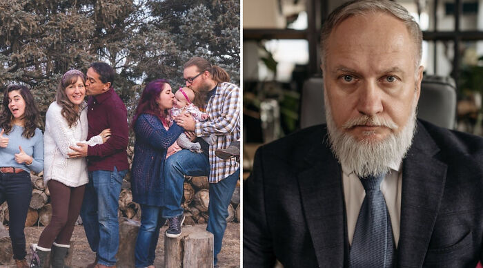 Left image shows a multigenerational family interacting outdoors, right image features a serious bearded man in formal attire for Would You Rather Poll 2.