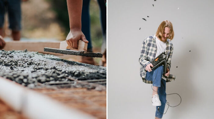 Would you rather poll showing a person smoothing concrete and another with a guitar surrounded by flying insects in studio.