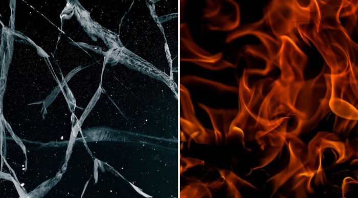 Close-up split image of c*****d ice on the left and bright orange flames on the right representing a would you rather poll 2 scenario