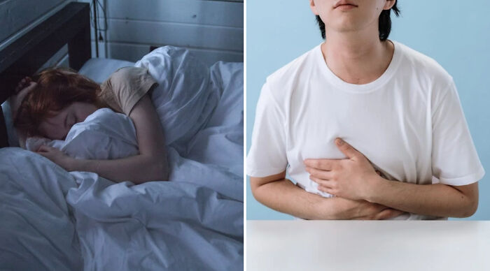 Person sleeping in bed on left, and person holding stomach in discomfort on right in a would you rather poll 2 concept image.