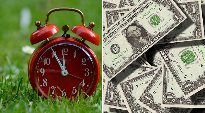 Red alarm clock showing 12 o'clock on grass next to a pile of one and five dollar bills for Would You Rather Poll 2.