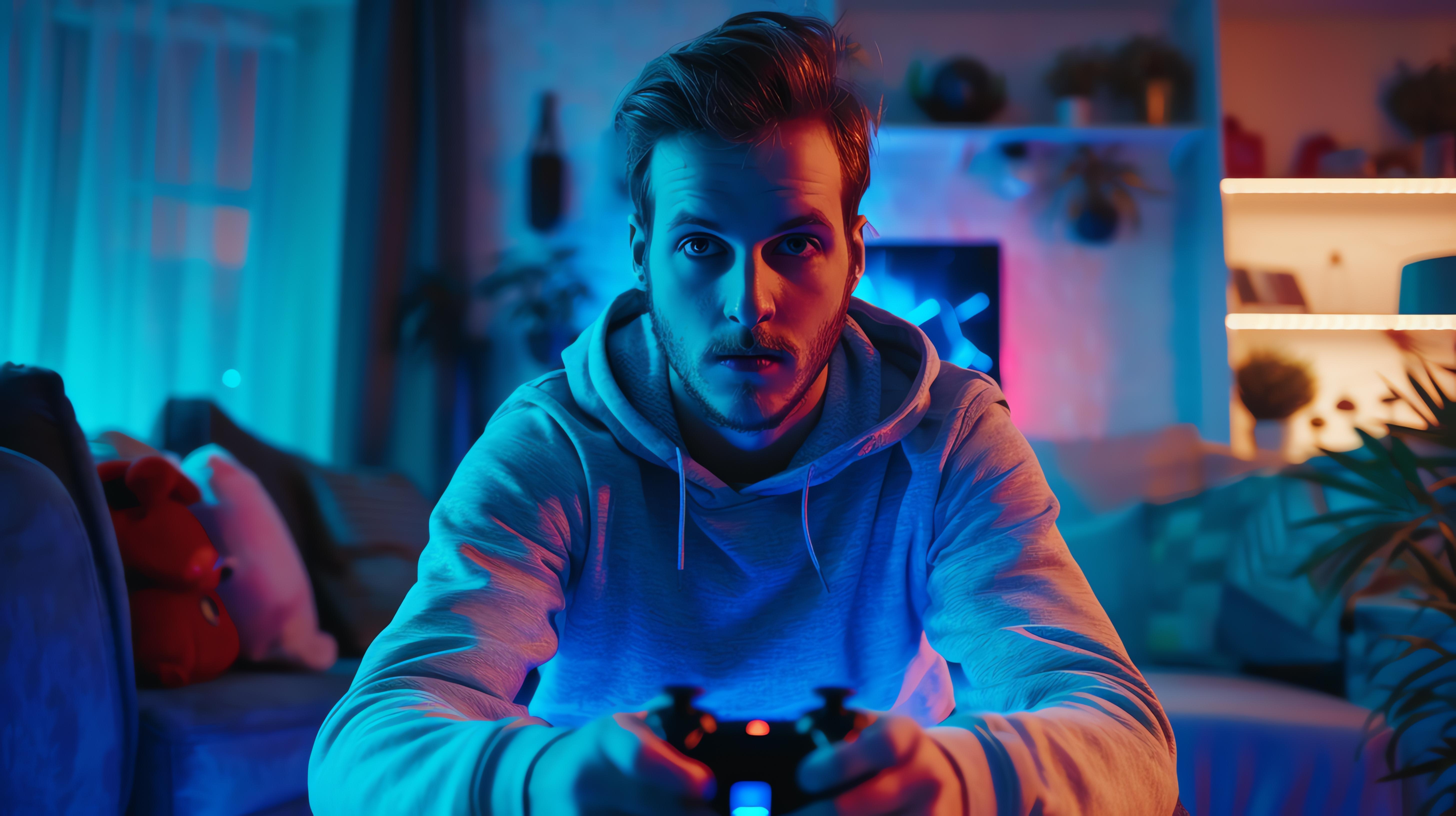 Young man focused on video games at home late at night, highlighting conflict between gaming and doctors’ visits with pregnant wife Young man focused on video games at home late at night, highlighting conflict between gaming and doctors’ visits with pregnant wife