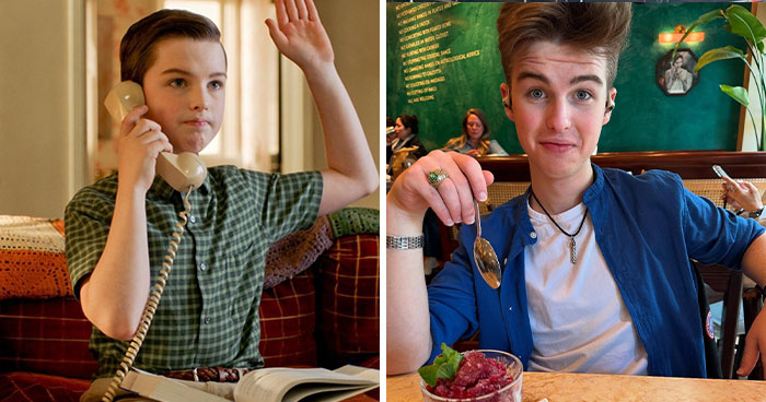 Young Sheldon child star at 17, casually dressed, holding a spoon while dining, showing his grown-up appearance.