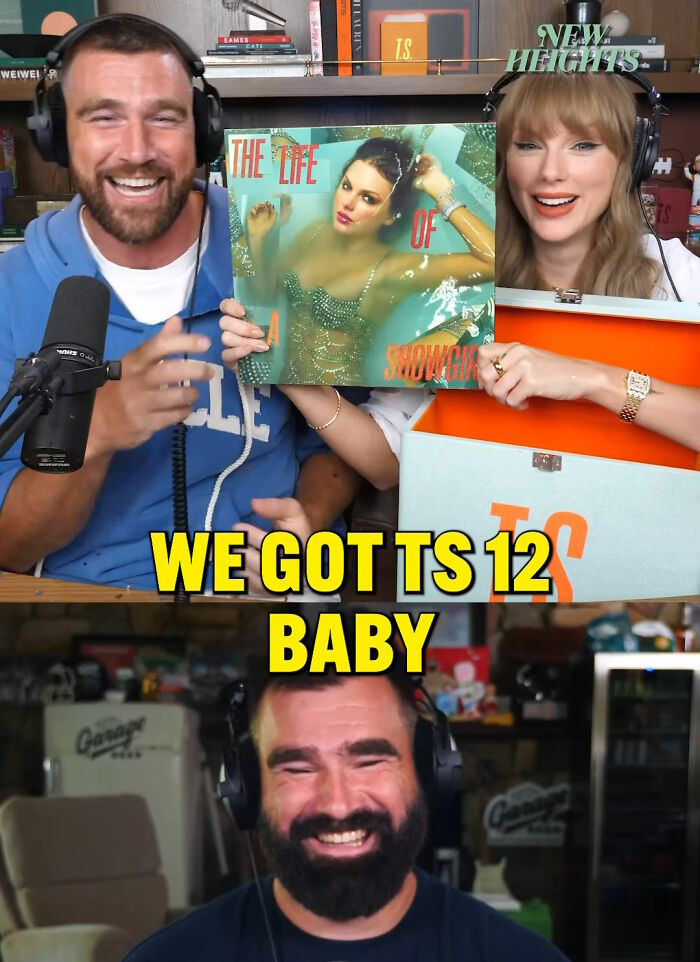 Two men and Taylor Swift smiling in a podcast studio with album and text on Taylor Swift furious over Travis Kelce comment.