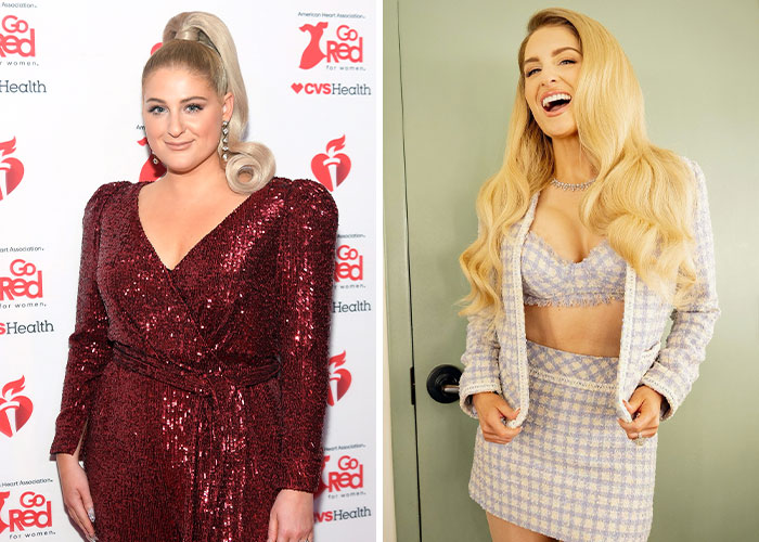 Meghan Trainor in two different looks, showcasing a glamorous red dress and a stylish checkered outfit with long blonde hair.