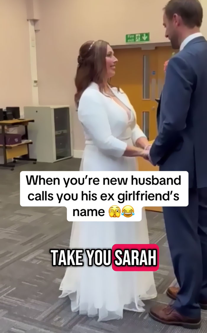 Bride looks confused and surprised during wedding vows as groom accidentally says his ex's name.