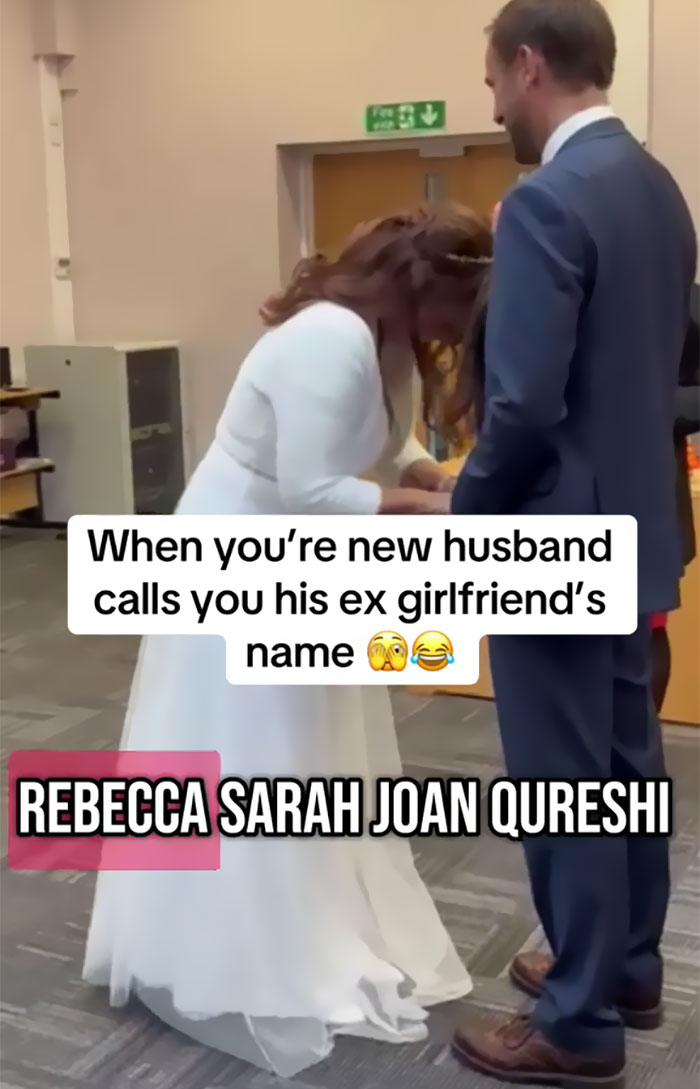 Bride reacting confused and surprised during wedding vows as groom accidentally says his ex's name.