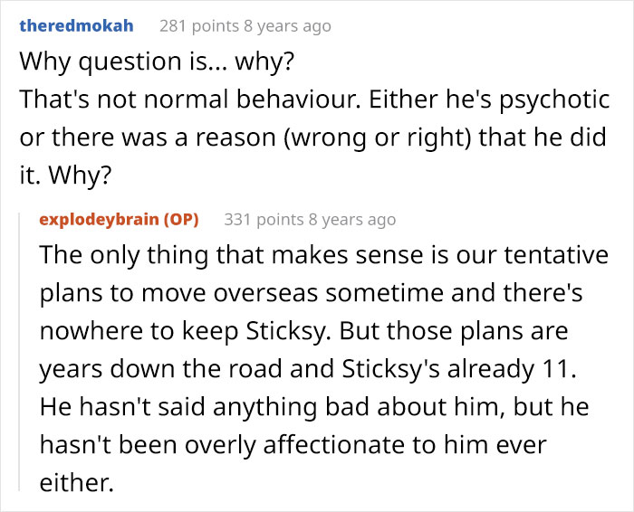 Reddit comments discussing boyfriend&rsquo;s behavior and plans affecting dog Sticksy amidst euthanasia controversy online.