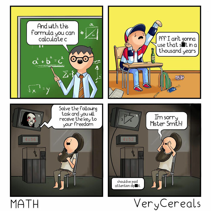 Comic panels by Very Cereals showing dark humor with math lessons and a captive solving puzzles for freedom.