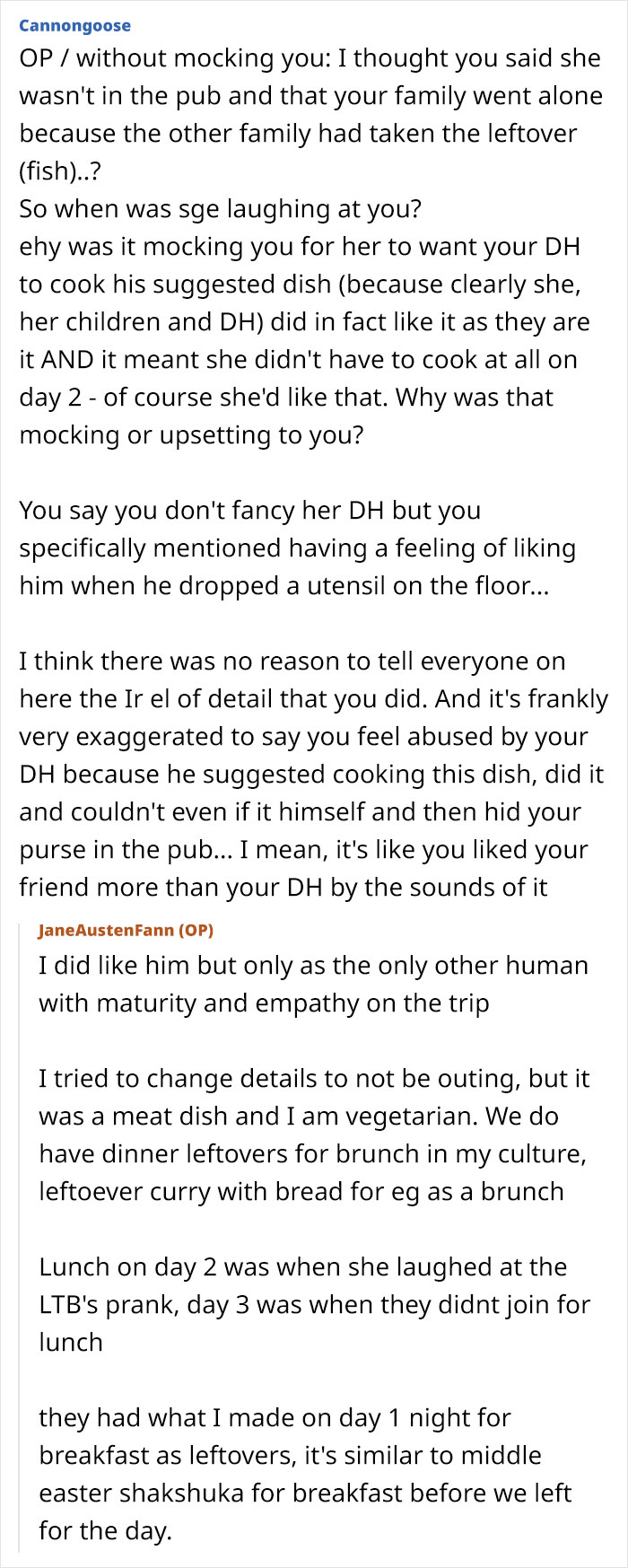 Screenshot of an online discussion about a woman regretting a trip with friend and husband after plans get ruined and tensions boil.