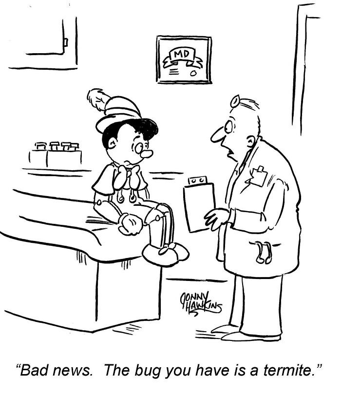 One-panel comic by Jonathan Ray Hawkins showing a doctor telling Pinocchio his bug is a termite.