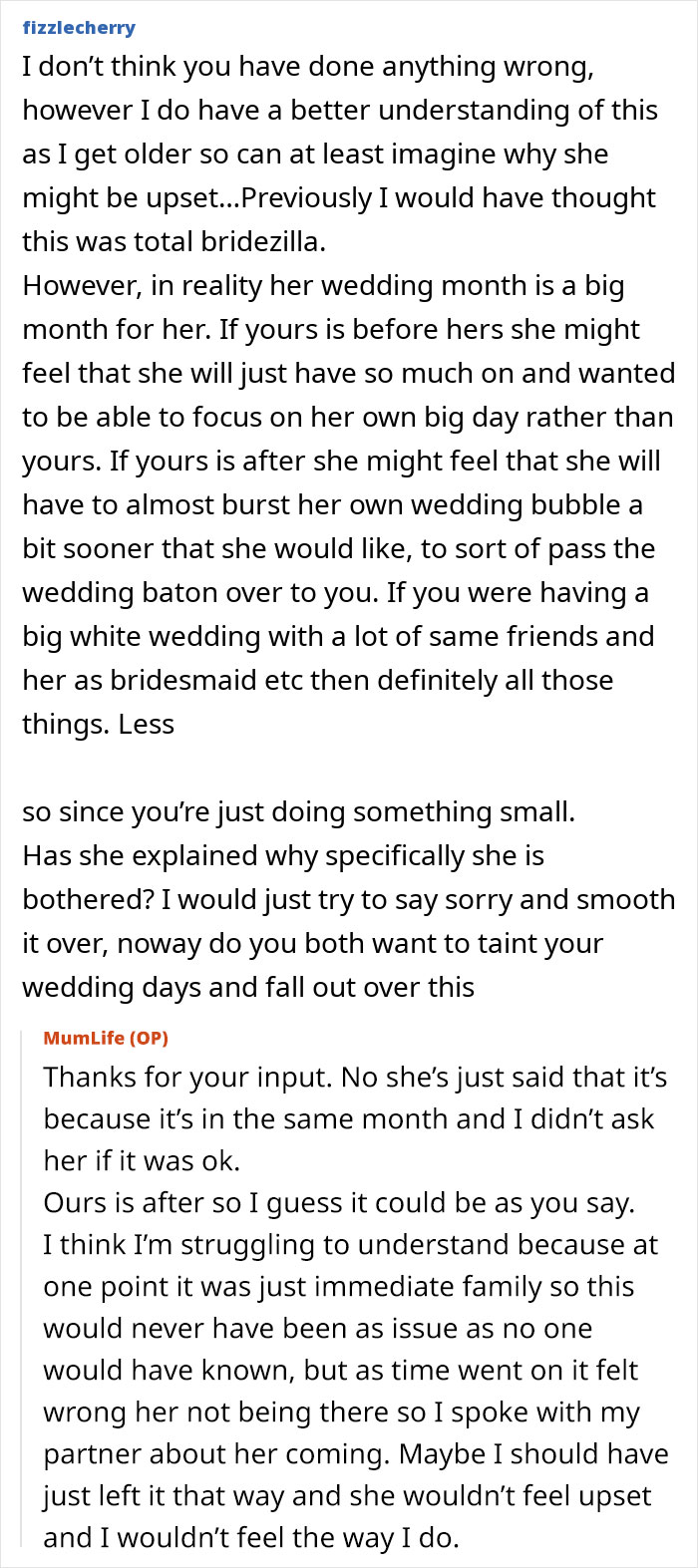 Woman confused why best friend is upset about both weddings happening in the same month and wedding timing issues.