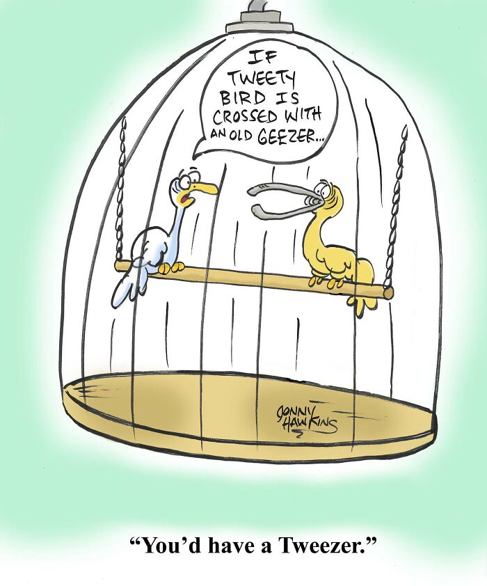 One-panel comic by Jonathan Ray Hawkins showing two birds in a cage with a humorous pun about a tweeter and old geezer.