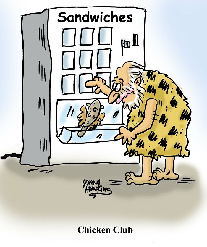 Playful one-panel comic by Jonathan Ray Hawkins showing a caveman using a sandwich vending machine humorously.