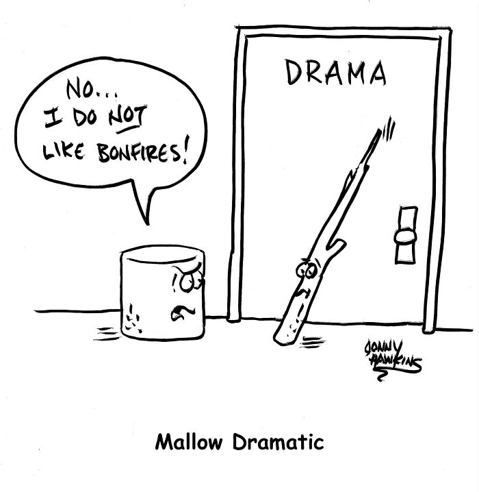 One-panel comic by Jonathan Ray Hawkins shows an angry marshmallow refusing bonfires, adding playful humor.