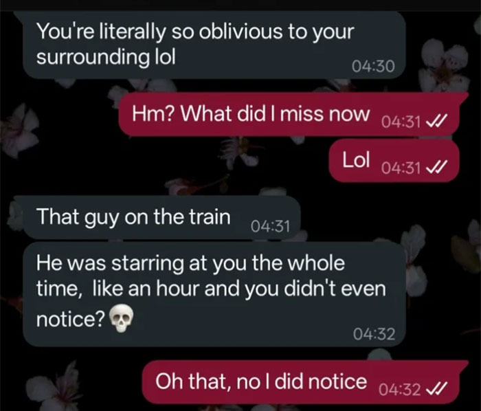 Text message exchange showing a jealous boyfriend berating his girlfriend for being nice to a stranger on the train.
