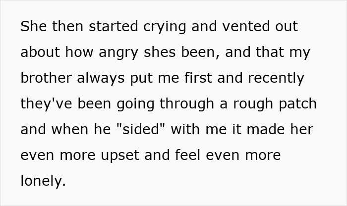 Text excerpt about a woman needing support from family after devastating news, facing drama from sister-in-law feeling outshined.