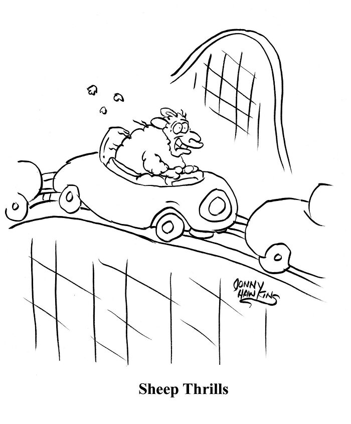 Sheep riding a roller coaster in a playful one-panel comic by Jonathan Ray Hawkins adding humor.