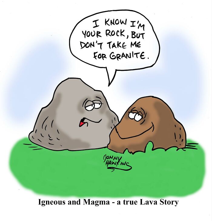 Playful one-panel comic by Jonathan Ray Hawkins featuring talking rocks with a humorous geology pun on grass.