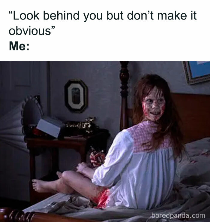 Creepy but funny meme showing a horror movie character with blood, perfect for humor lovers and dark coffee fans.