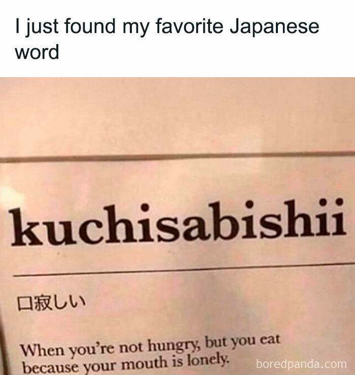 Funny meme showing the Japanese word kuchisabishii meaning eating when mouth is lonely for laughs and good vibes
