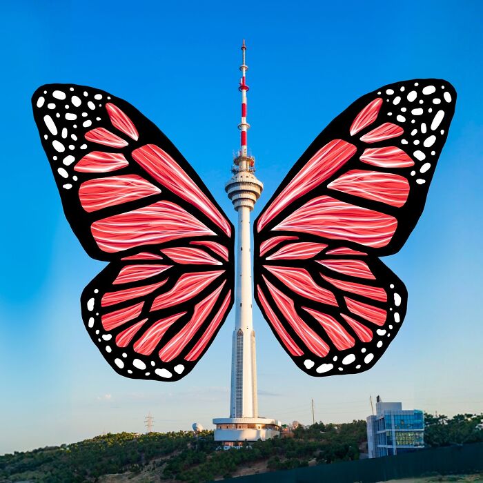 Modern architecture reimagined as a cartoon dog character in a landscape, blending famous characters and everyday objects.