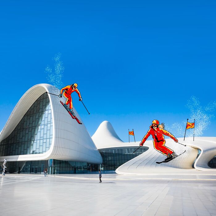 Modern architecture reimagined as a cartoon dog character in a landscape, blending famous characters and everyday objects.