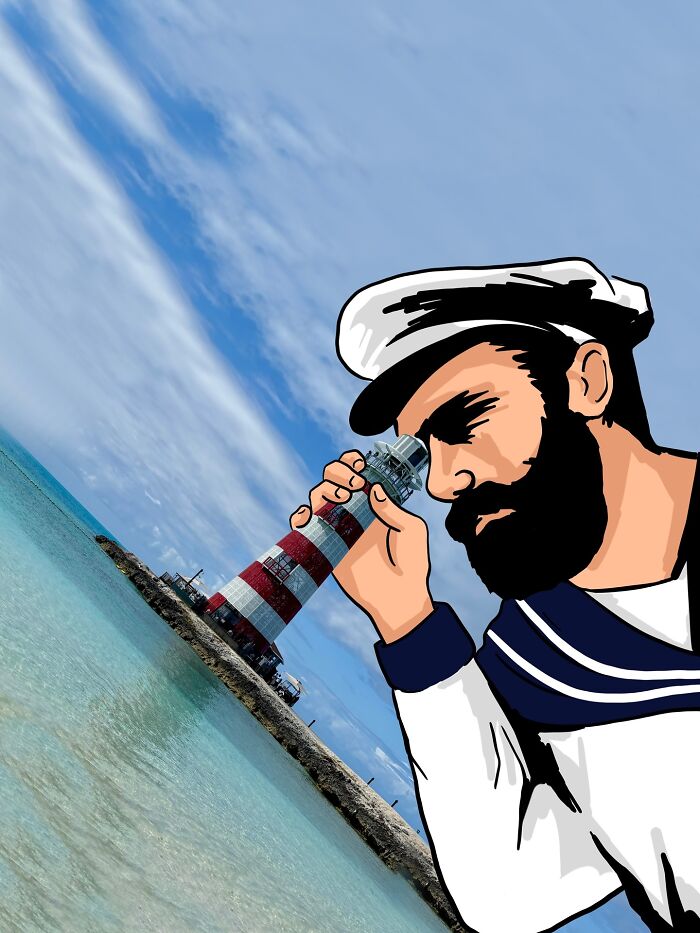 Illustration shows artist reimagining landscapes by adding famous characters water skiing next to a large cruise ship.