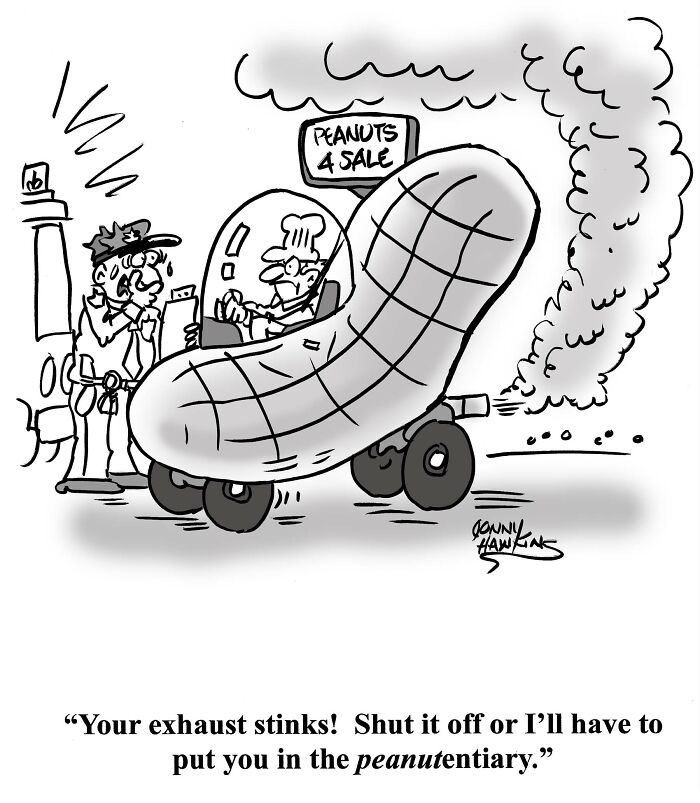 One-panel comic by Jonathan Ray Hawkins showing a peanut-shaped vehicle emitting smoke with a police officer.