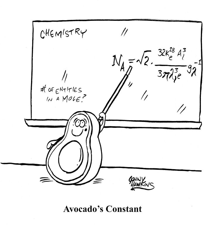 Playful one-panel comic by Jonathan Ray Hawkins featuring an avocado teaching chemistry with a funny twist on Avogadro’s constant.