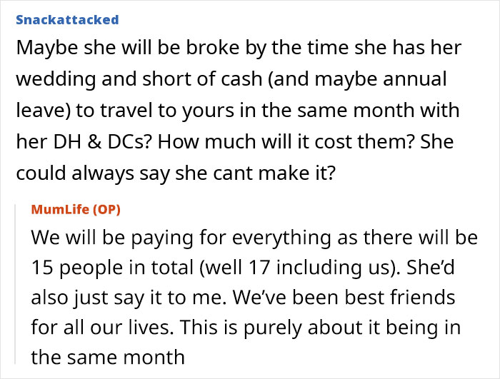 Chat conversation showing a woman confused why her best friend is upset they&rsquo;re getting married in the same month.