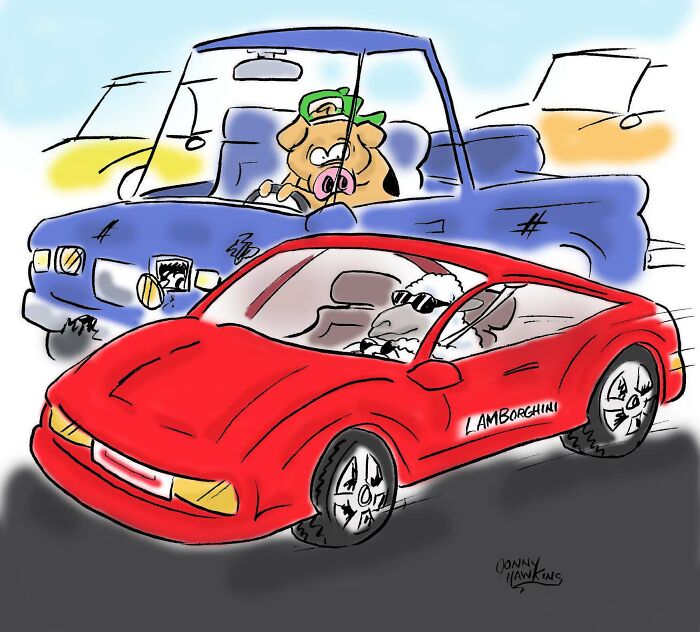 A playful comic panel featuring a sheep driving a red sports car labeled Lambarghini and a pig in a blue truck.