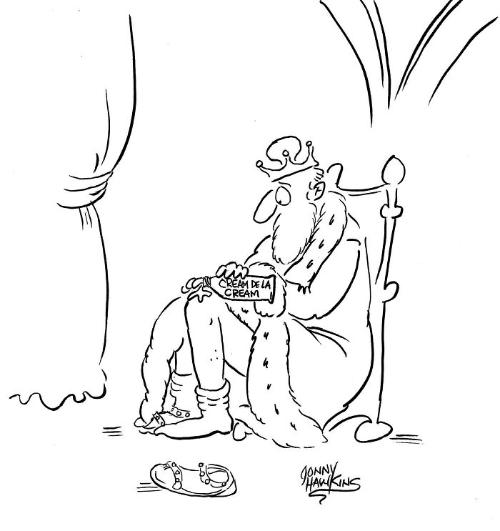 One-panel comic by Jonathan Ray Hawkins showing a king sitting with a cream labeled Cream de la Cream for humor.