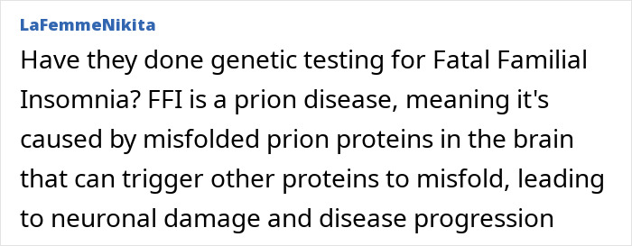 Screenshot of a forum post discussing genetic testing for Fatal Familial Insomnia and its medical implications.