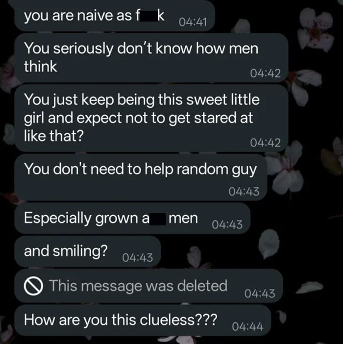 Jealous boyfriend sends harsh messages to girlfriend for being kind to a stranger, causing relationship conflict.