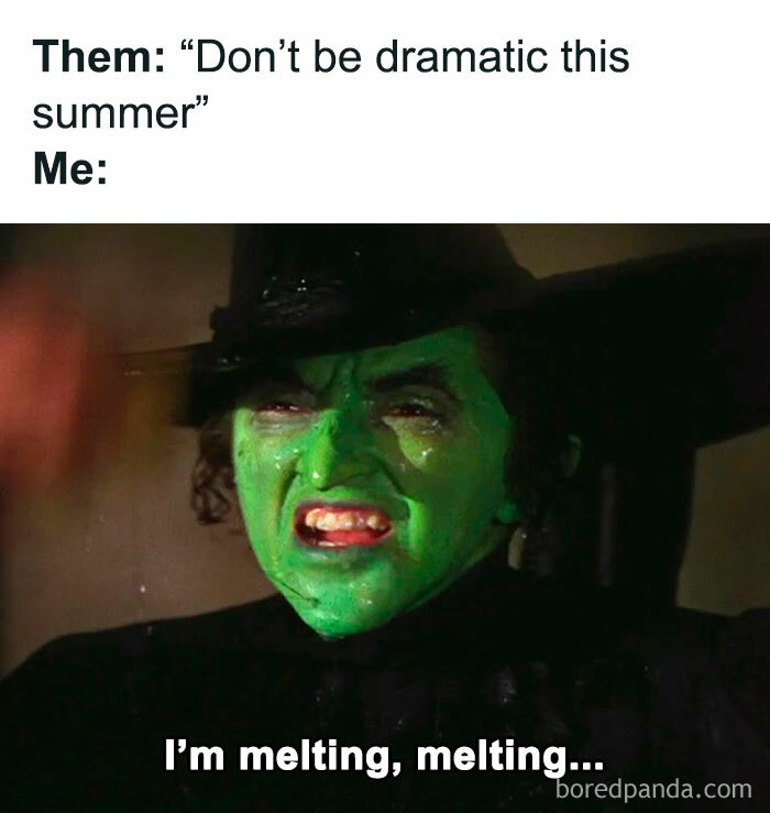 Green-faced witch meme expressing dramatic melting with caption, representing creepy but funny humor and black meme themes.
