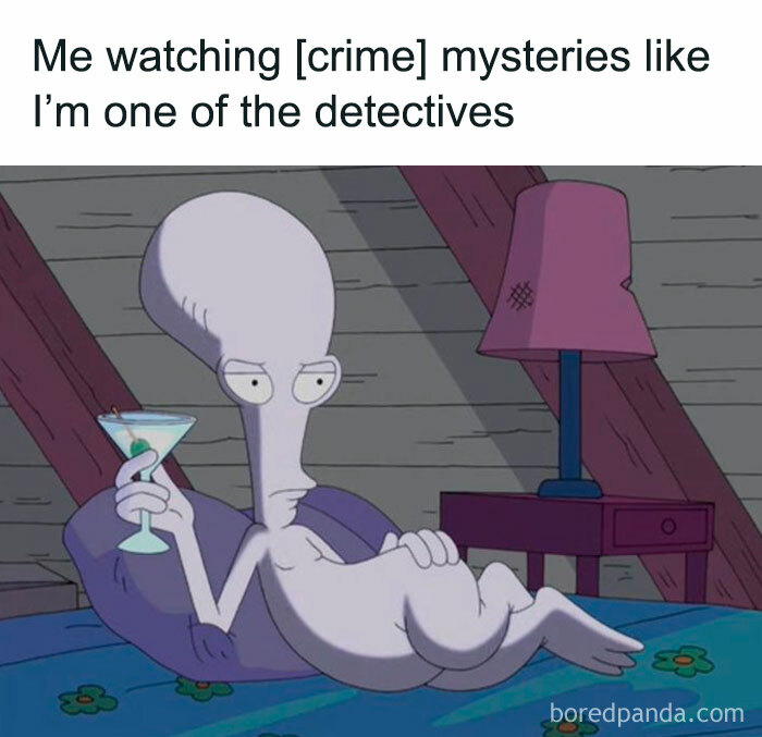Cartoon alien lounging with a drink watching crime mysteries, a funny meme for daily dose of laughter and good vibes.