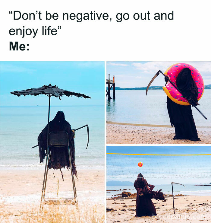 Grim Reaper in black robe at the beach with a scythe, umbrella, donut float, and playing volleyball, creepy funny memes.